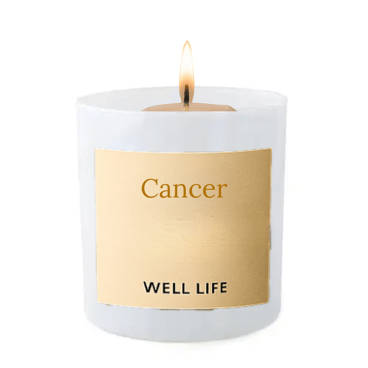 Candle with a 'Cancer' label on a gold tag, featuring the brand 'Well Life'.