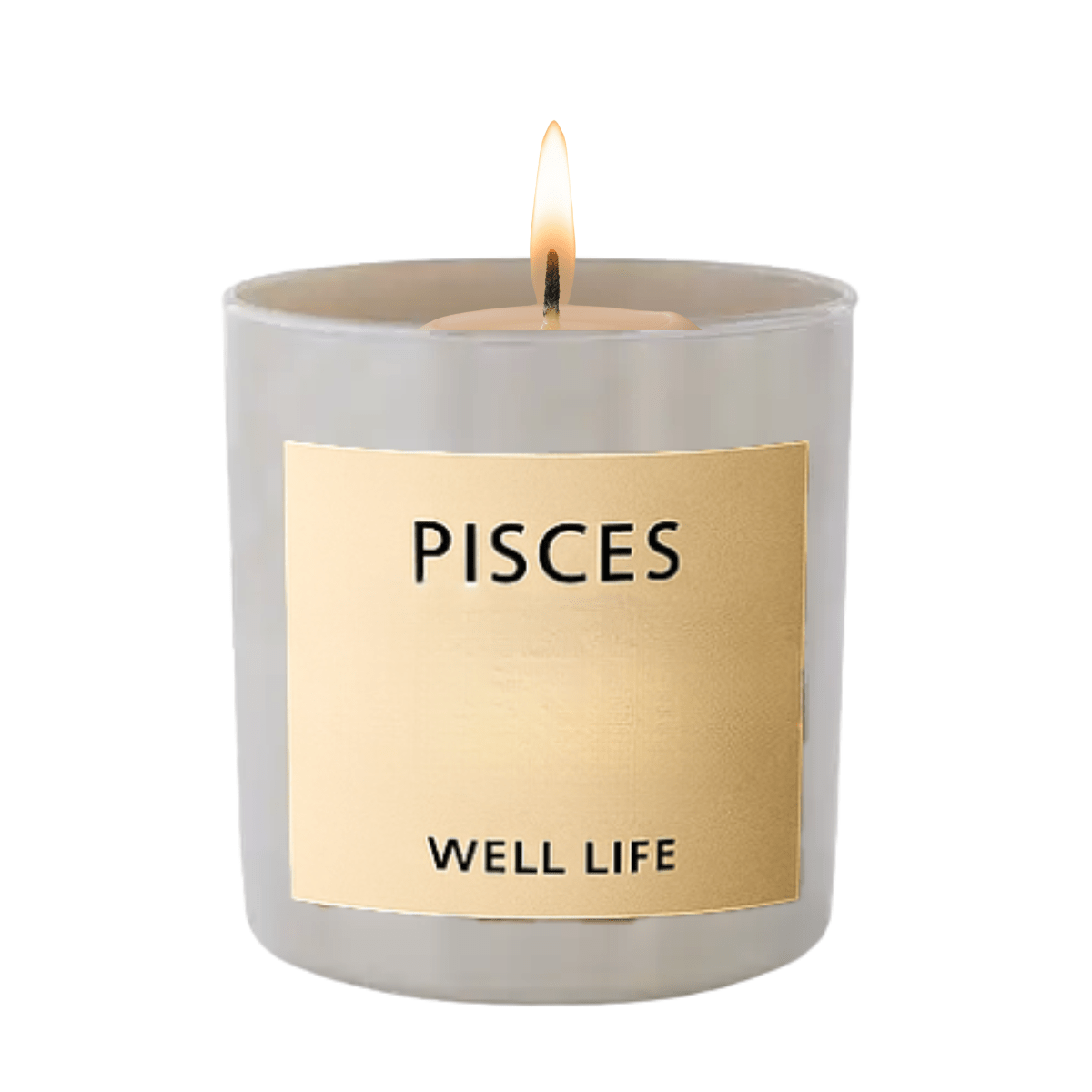 Candle with a 'Pisces' label on a white background
