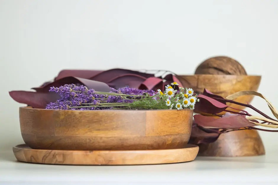 Well Life image with lavender and chamomile in wooden bowl Eco-friendly cleaning products: natural cleaning products, green cleaning supplies chemical-free cleaners