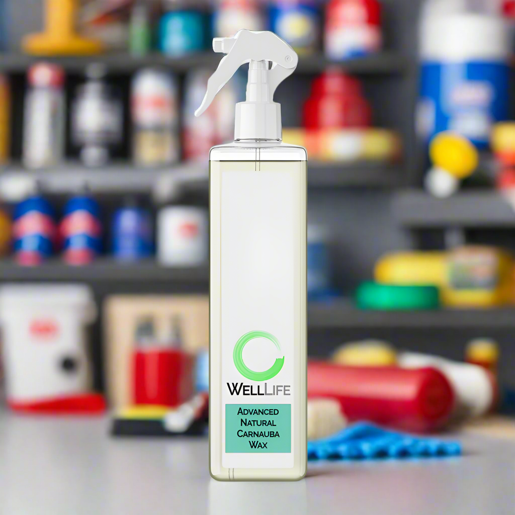 All natural, plant-based carnauba spray car wax on shelf in garage. Easy on, easy off. Well Life Advanced Natural Carnauba Spray Wax