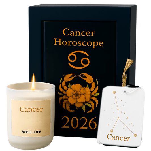 Candle, horoscope book, and card with Cancer theme on a white background