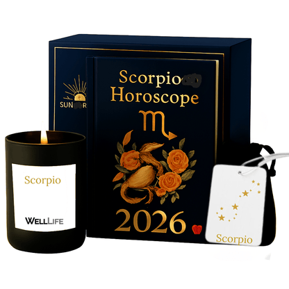 Scorpio Horoscope 2026 book with candle and card, featuring WellLife branding.