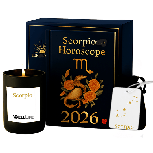 Scorpio Horoscope 2026 book with candle and card, featuring WellLife branding.